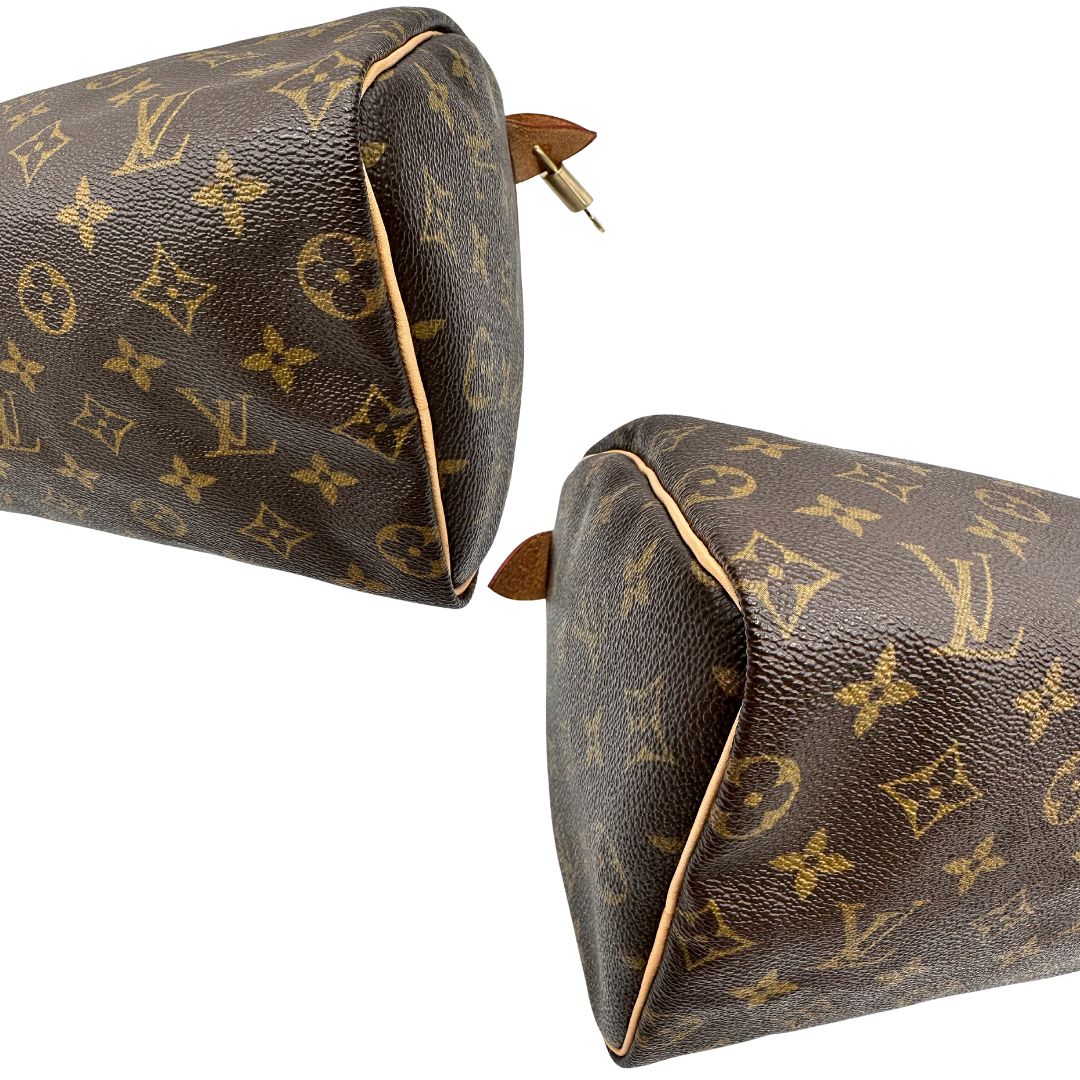 Angoli di una borsa Louis Vuitton in canvas monogrammato con parti metalliche dorate; munita di doppi manici stondati, da portare a mano. Completo di scatola, dustbag, lucchetto e chiavi.