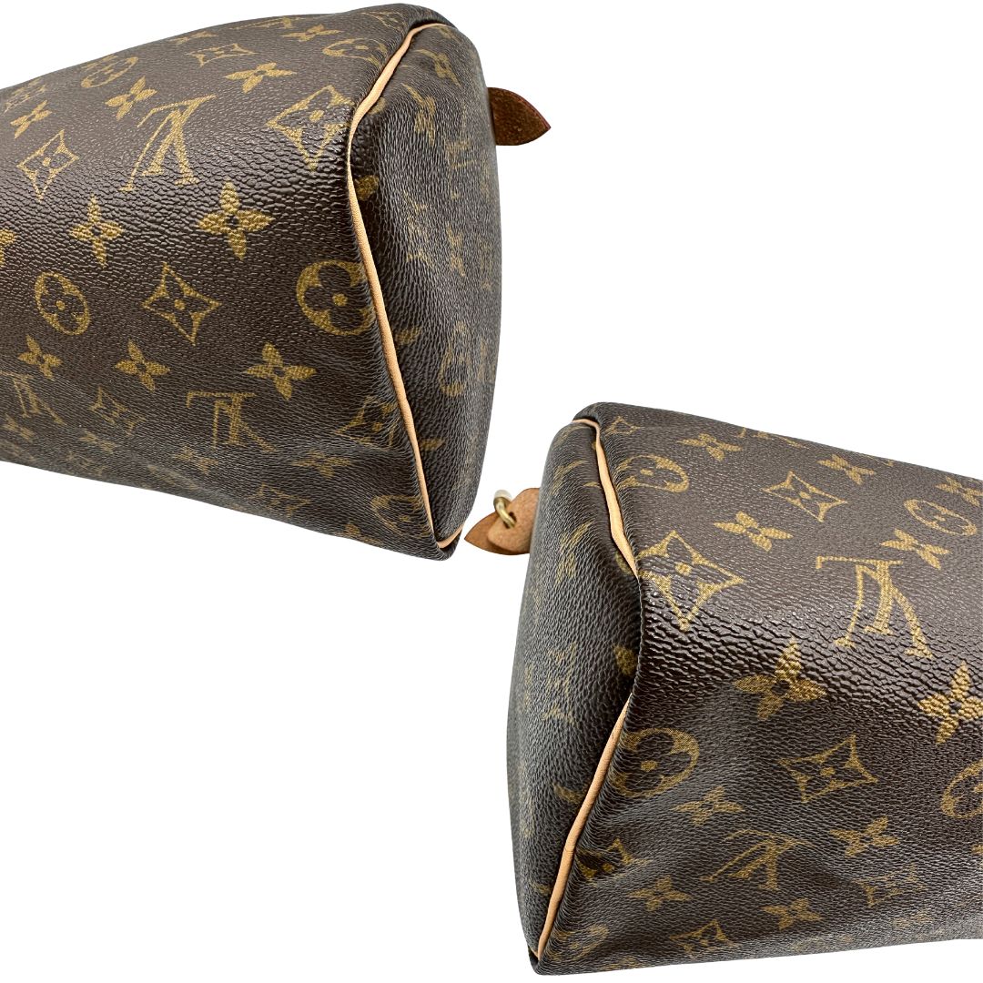 Angoli di una borsa Louis Vuitton in canvas monogrammato con parti metalliche dorate; munita di doppi manici stondati, da portare a mano. Completo di scatola, dustbag, lucchetto e chiavi.