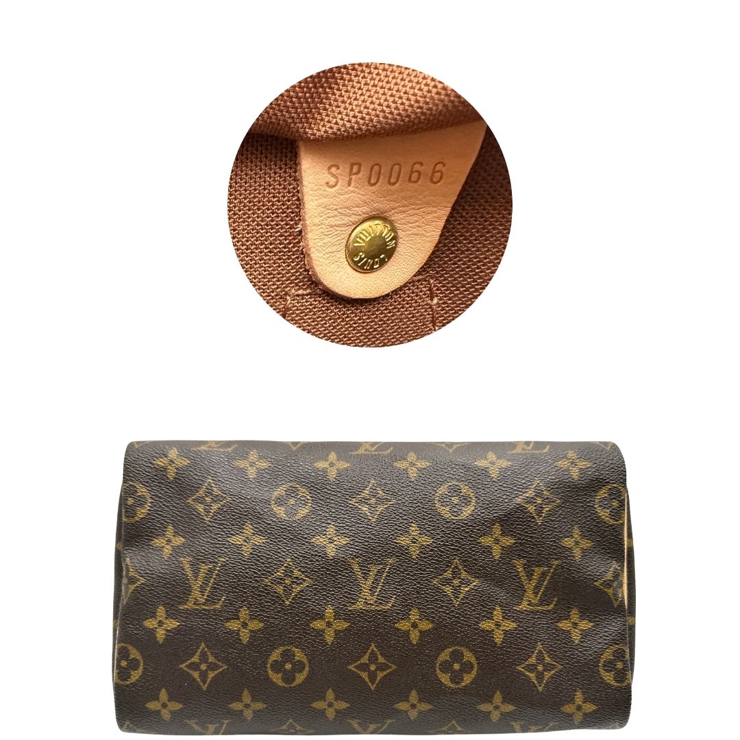 Base e codice di una borsa Louis Vuitton in canvas monogrammato con parti metalliche dorate; munita di doppi manici stondati, da portare a mano. Completo di scatola, dustbag, lucchetto e chiavi.