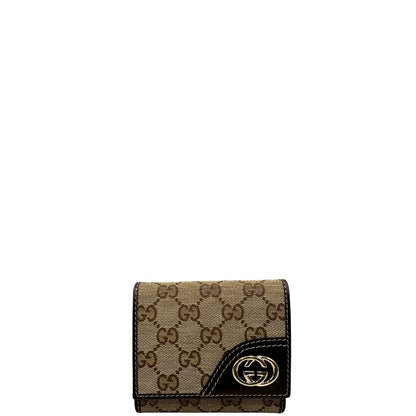 front Portafoglio Gucci in tessuto beige GG con finiture in pelle marrone e parti metalliche dorate. Completo di busta e dustbag, di lusso, originale, ottime condizioni.