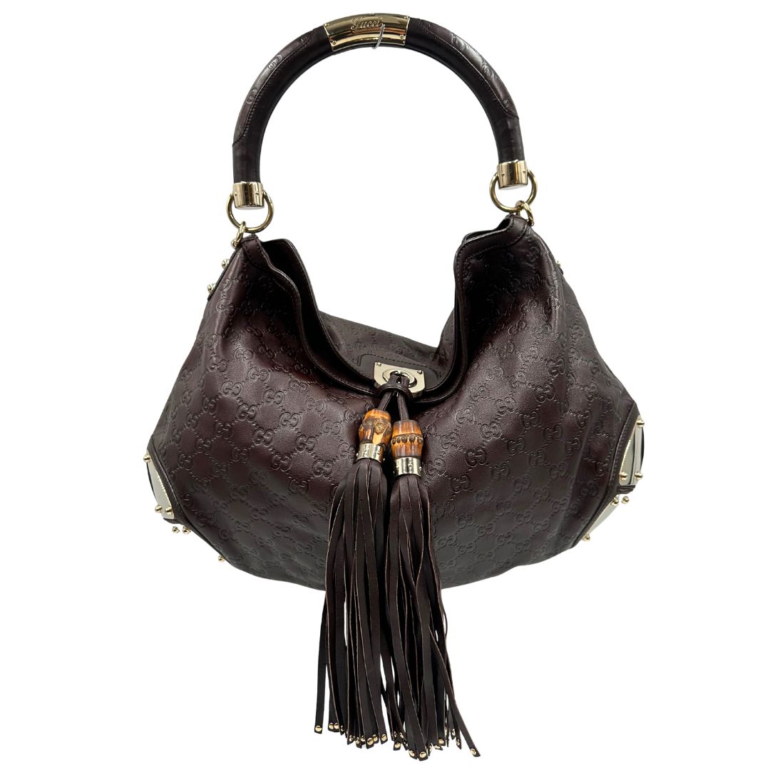 front Borsa Gucci in pelle marrone GG con parti metalliche dorate; munita di un manico rigido, impreziosita da doppia nappa con dettaglio bamboo e angoli finiture metalliche, di lusso, originale, ottime condizioni 