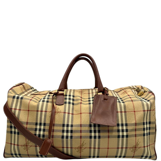 front Borsone Burberry in canvas trama tartan con finiture in pelle marroni e parti metalliche dorate; munito di doppi manici stondati e una tracolla amovibile. Completo di lucchetto e chiavi, di lusso, originale, ottime condizioni. 