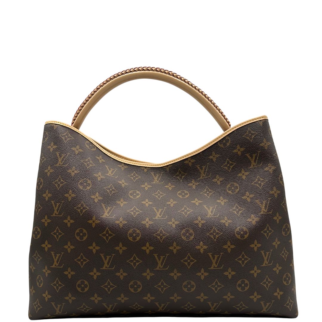 retro Borsa L.V. in canvas marrone monogram con finiture in vacchetta naturale e parti metalliche dorate; munita di un manico singolo stondato e intrecciato, indossabile a spalla. Completa di corredo, di lusso, originale, ottime condizioni. 