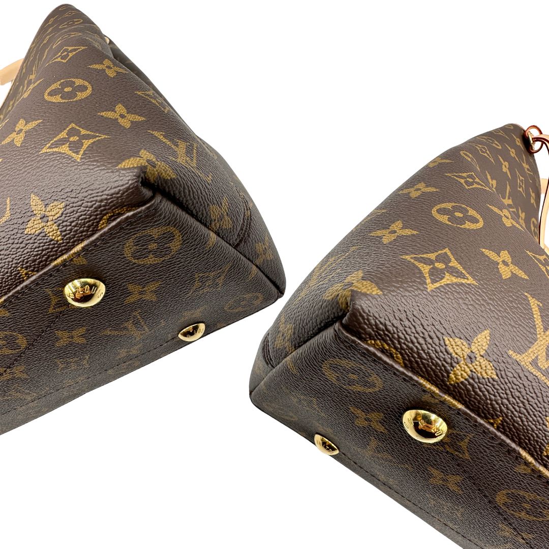 angoli Borsa L.V. in canvas marrone monogram con finiture in vacchetta naturale e parti metalliche dorate; munita di un manico singolo stondato e intrecciato, indossabile a spalla. Completa di corredo, di lusso, originale, ottime condizioni. 