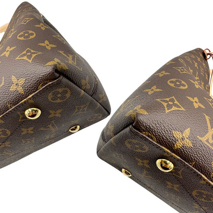 angoli Borsa L.V. in canvas marrone monogram con finiture in vacchetta naturale e parti metalliche dorate; munita di un manico singolo stondato e intrecciato, indossabile a spalla. Completa di corredo, di lusso, originale, ottime condizioni. 