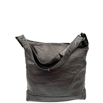 retro Borsa Balenciaga Day in pelle crinkled marrone testa di moro, con finiture metalliche argentate; con manico singolo leggermente regolabile. Dotata di chiusura superiore con zip e tasca frontale con cerniera, di lusso, originale, usata. 