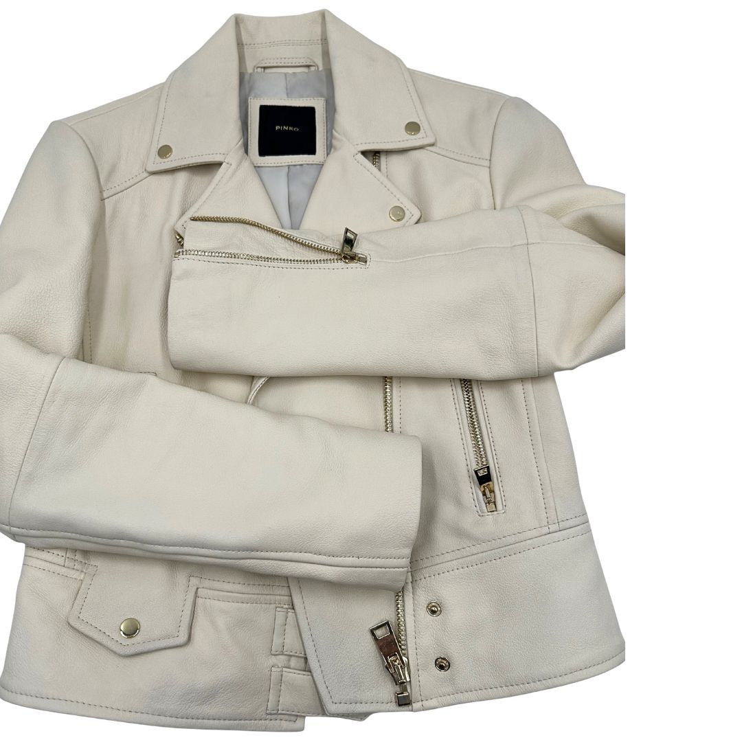 Giacca in 100% pelle Pinko bianco latte, con parti metalliche dorate, taglia 40.