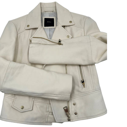 Giacca in 100% pelle Pinko bianco latte, con parti metalliche dorate, taglia 40.