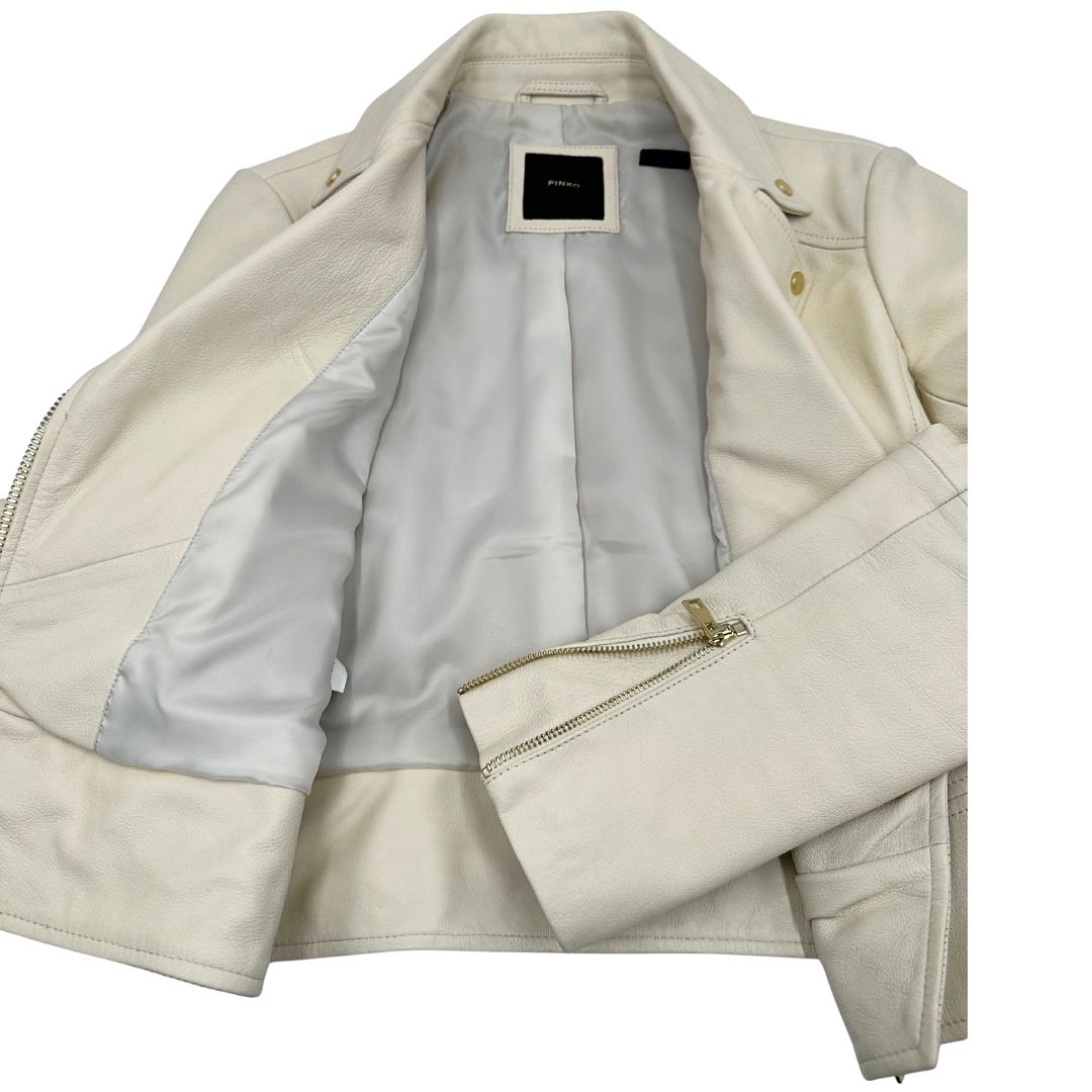 Giacca in 100% pelle Pinko bianco latte, con parti metalliche dorate, taglia 40.