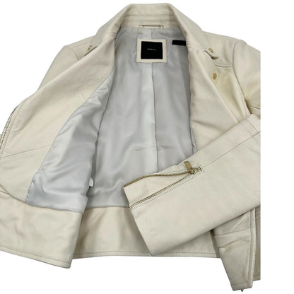 Giacca in 100% pelle Pinko bianco latte, con parti metalliche dorate, taglia 40.