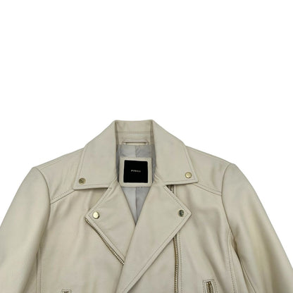 Giacca in 100% pelle Pinko bianco latte, con parti metalliche dorate, taglia 40.