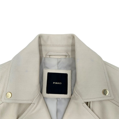 Giacca in 100% pelle Pinko bianco latte, con parti metalliche dorate, taglia 40.