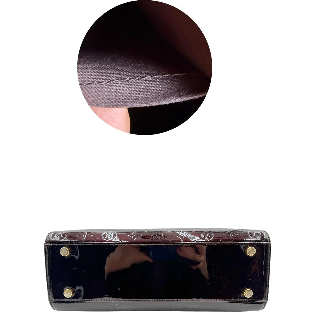 base Borsa Louis Vuitton in pelle verniciata monogram color amaranto con parti metalliche dorate, rifinita in vacchetta naturale; munita di doppi manici e un manico amovibile e regolabile. Completa di dustbag, di lusso, originale, ottime condizioni, usata. 