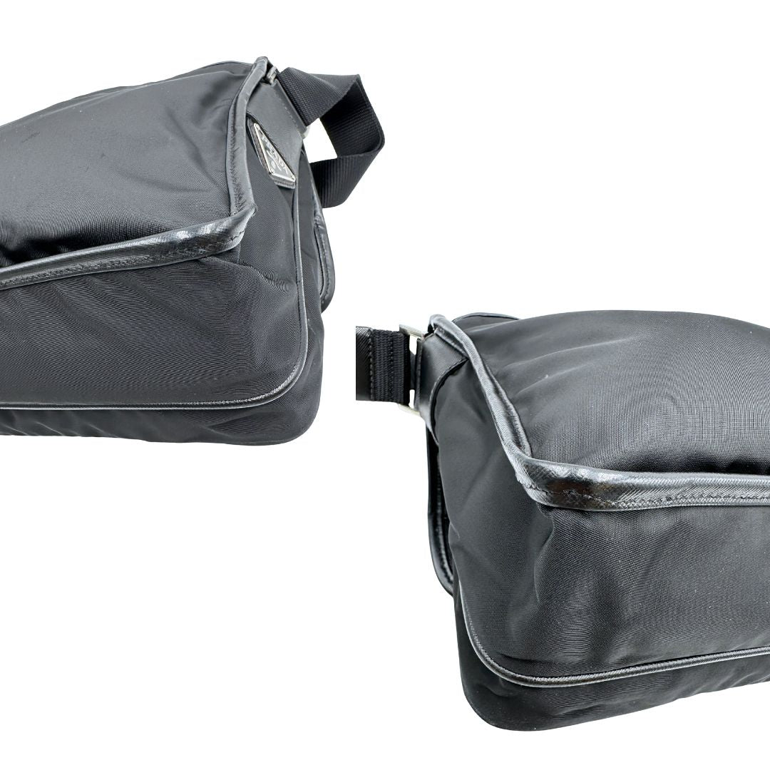 Angoli di una Borsa Prada in nylon nero con finiture in pelle tono su tono e parti metalliche argentate; munita di una tracolla regolabile in tessuto. Originale, usata, di lusso, in ottime condizioni.