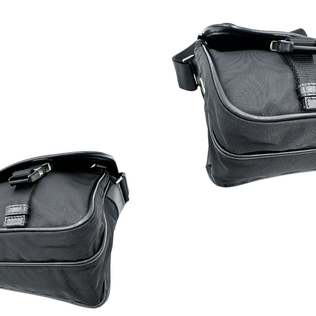 Angoli di una Borsa Prada in nylon nero con finiture in pelle tono su tono e parti metalliche argentate; munita di una tracolla regolabile in tessuto. Originale, usata, di lusso, in ottime condizioni.