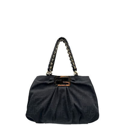 front Borsa Fendi in tessuto nero con trama Zucca con finiture in pelle tono su tono e parti metalliche dorate; munita di doppi manici in pelle e catena, di lusso, originale, ottime condizioni, usata. 