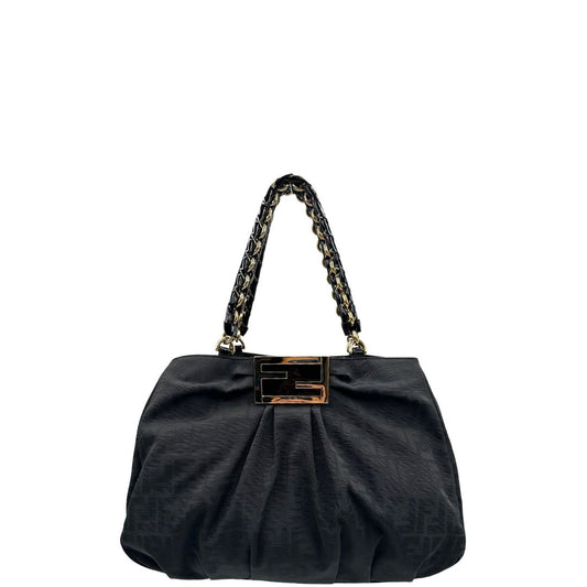 front Borsa Fendi in tessuto nero con trama Zucca con finiture in pelle tono su tono e parti metalliche dorate; munita di doppi manici in pelle e catena, di lusso, originale, ottime condizioni, usata. 