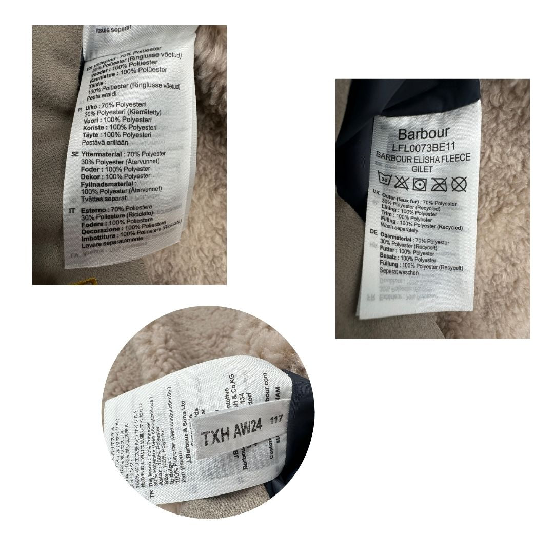 Gilet Barbour in 70% poliestere e 30% poliestere riciclato sui toni del beige e parti metalliche dorate, di lusso, originale, ottime condizioni.