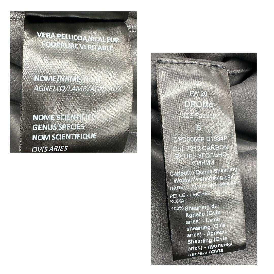 Cappotto Drome effetto pelo color blu carbone con interno in pelle, di lusso, originale, ottime condizioni, usato.