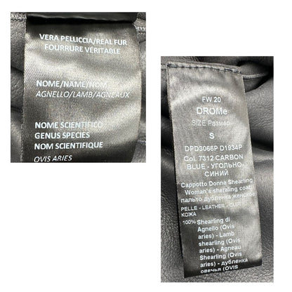 Cappotto Drome effetto pelo color blu carbone con interno in pelle, di lusso, originale, ottime condizioni, usato.