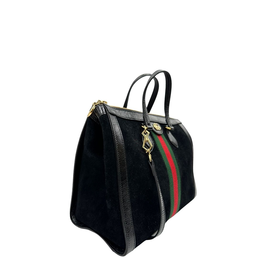 lato Borsa Gucci in pelle scamosciata nera con finiture in pelle tono su tono e parti metalliche dorate; munita di doppi manici e una tracolla amovibile e regolabile. Completa di dustbag, di lusso, originale, ottime condizioni, usato. 