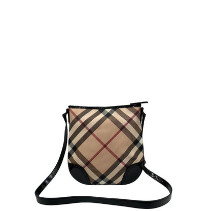 Retro di una Borsa Burberry in canvas beige tartan con finiture in pelle nera lucida e parti metalliche effetto renio. Munita di una tracolla fissa regolabile con fibbia. Completa di dustbag. Originale, usata, di lusso, in ottime condizioni.