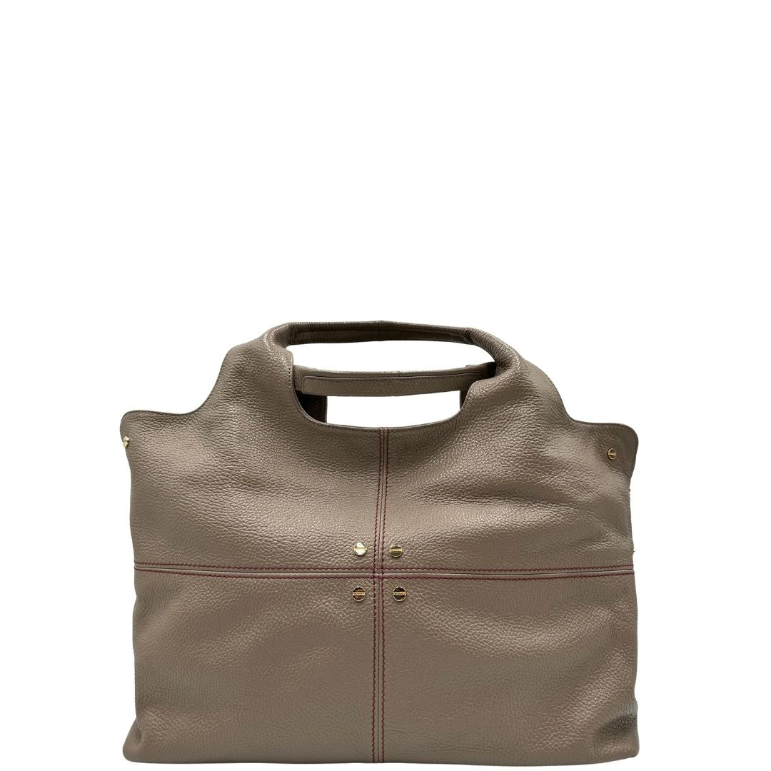 retro Borsa Borbonese in pelle martellata grigia con parti metalliche dorate e cuciture rosse; munita di doppi manici. Completa di dustbag e cartellini, di lusso, originale,usata. 