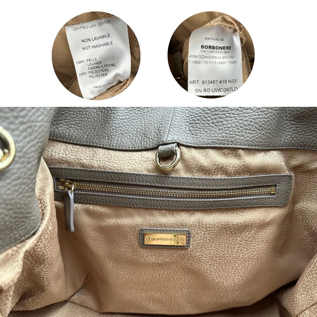 interno Borsa Borbonese in pelle martellata grigia con parti metalliche dorate e cuciture rosse; munita di doppi manici. Completa di dustbag e cartellini, di lusso, originale,usata. 