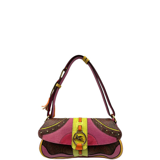front Borsa Etro in canvas e pelle multicolor , rosa, marrone, giallo e arancione con parti metalliche dorate; munita di un manico singolo, indossabile a spalla. Completa di dustbag, di lusso, ottime condizioni, usata. 