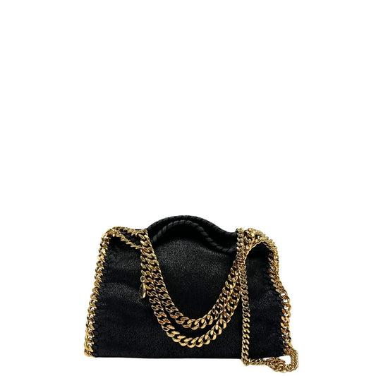 front Borsa Stella McCartney Falabella in tessuto vegano nero con parti metalliche dorate. Completa di dustbag e scatola, di lusso, originale, eccellenti condizioni, usata. 