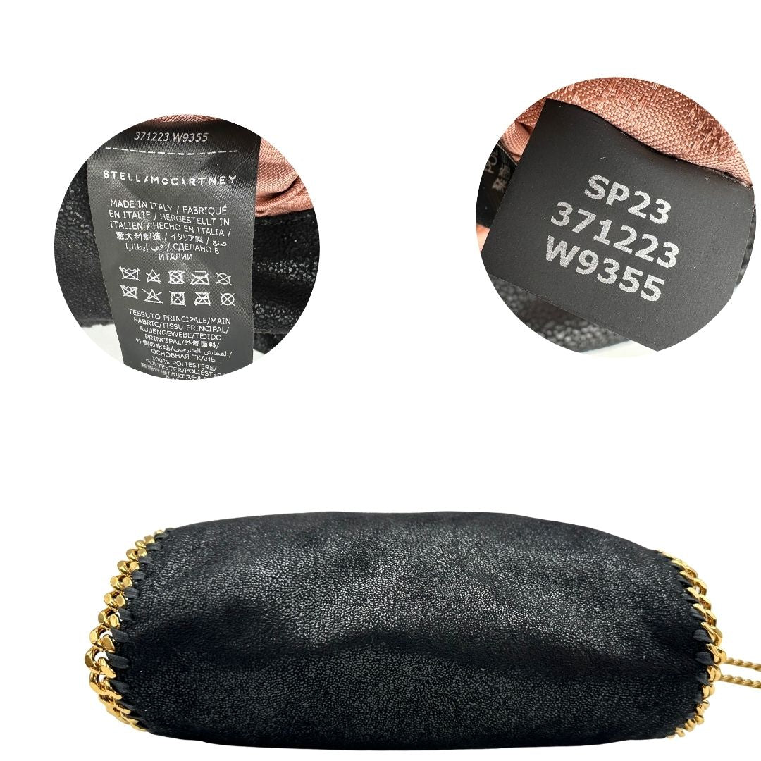 base Borsa Stella McCartney Falabella in tessuto vegano nero con parti metalliche dorate. Completa di dustbag e scatola, di lusso, originale, eccellenti condizioni, usata. 