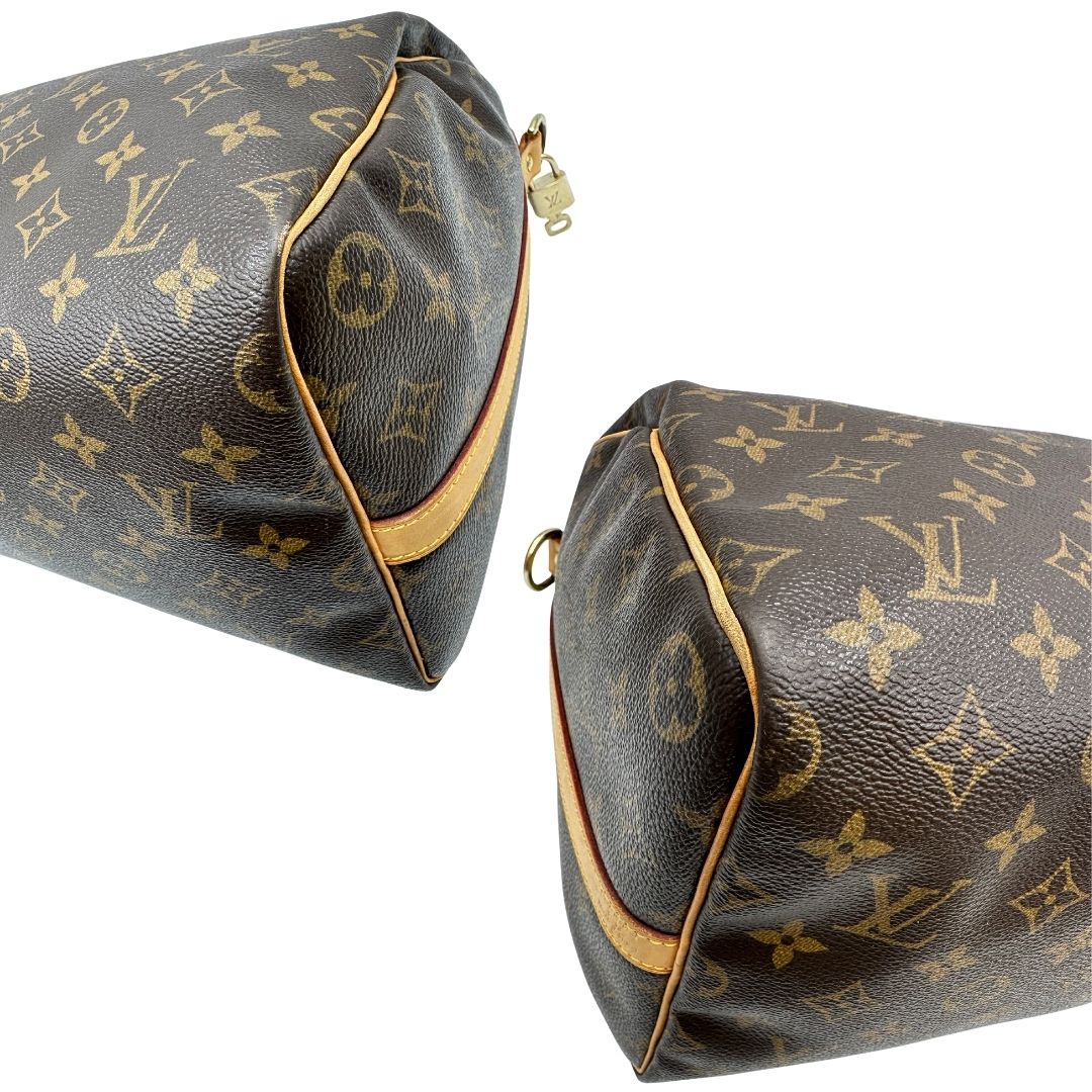 angoli Borsa Louis Vuitton in canvas marrone monogram con finiture in vacchetta naturale e parti metalliche dorate; munita di doppi manici stondati. Completa di lucchetto e chiavi, di lusso, originale, ottime condizioni, usato. 