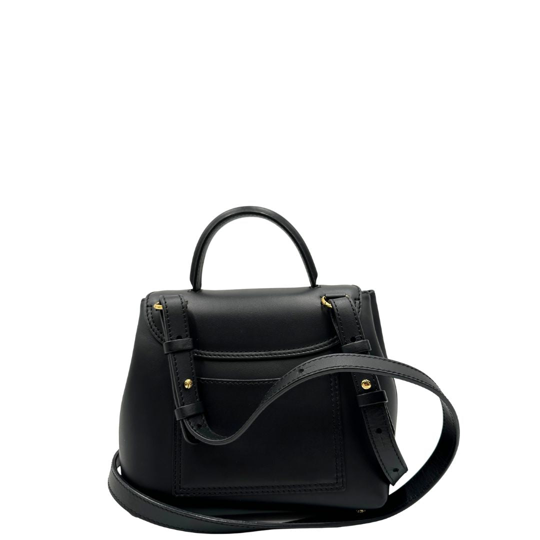 Retro Borsa Polène in pelle nera con parti metalliche dorate; munita di un manico singolo stondato e una tracolla regolabile. Full set, di lusso, originale, ottime condizioni, usata.  