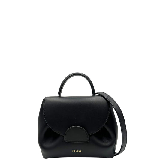 front  Borsa Polène in pelle nera con parti metalliche dorate; munita di un manico singolo stondato e una tracolla regolabile. Full set, di lusso, originale, ottime condizioni, usata.  