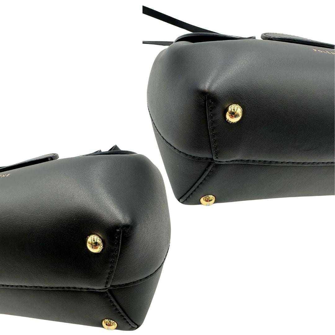 angoli  Borsa Polène in pelle nera con parti metalliche dorate; munita di un manico singolo stondato e una tracolla regolabile. Full set, di lusso, originale, ottime condizioni, usata.  