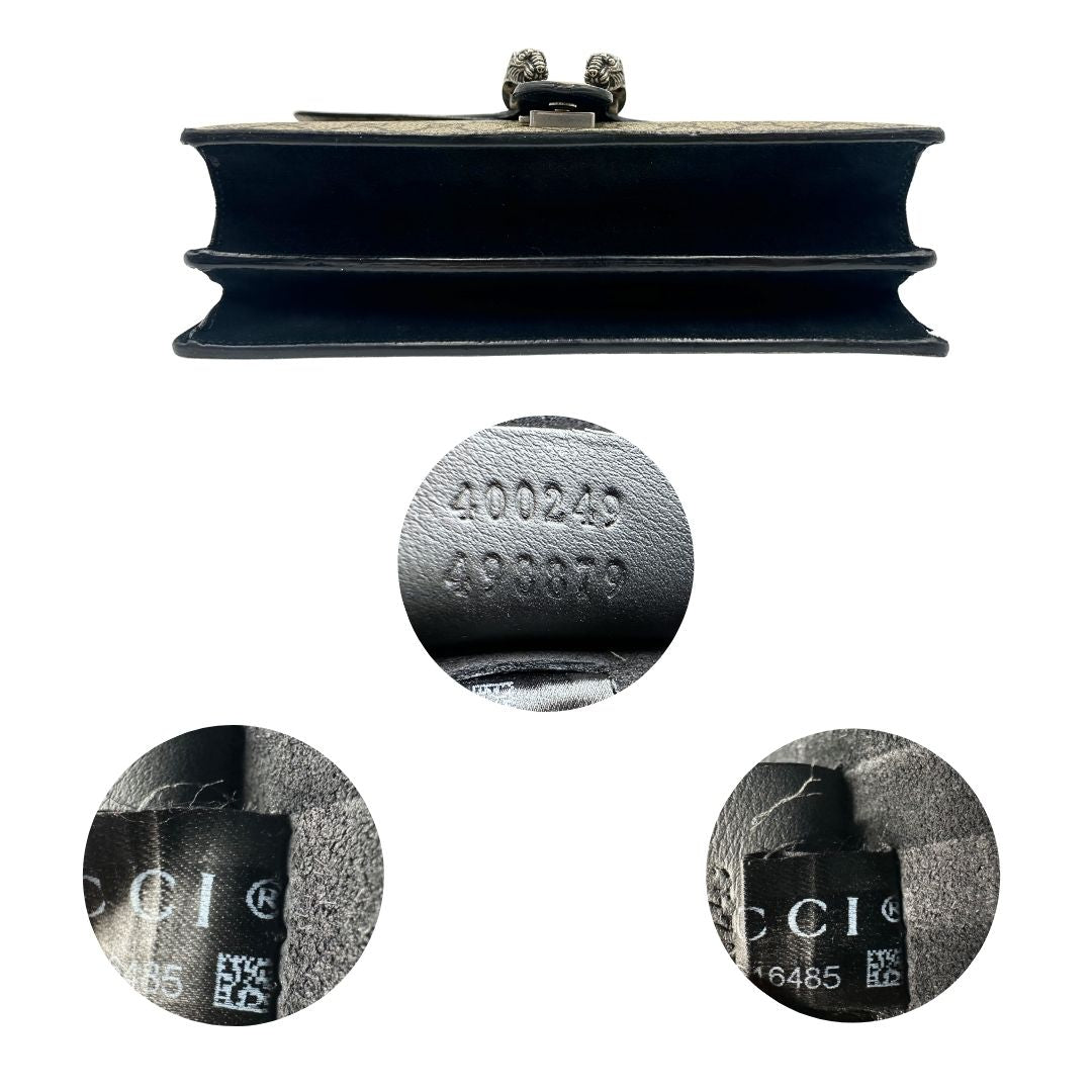 Base de codice di una Borsa Gucci in canvas beige monogram GG, finiture in pelle scamosciata nera e parti metalliche argentate; munita di una tracolla in catena scorrevole. Indossabile a spalla oppure a tracolla. Originale, usata, di lusso, in ottime condizioni.