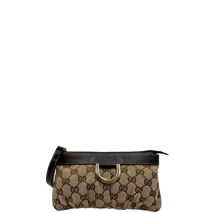 Front di una pochette Gucci in tessuto Gucci in tessuto GG beige con finiture in pelle marrone e parti metalliche dorate; munita di un polsino, da portare a mano. Completa di dustbag.