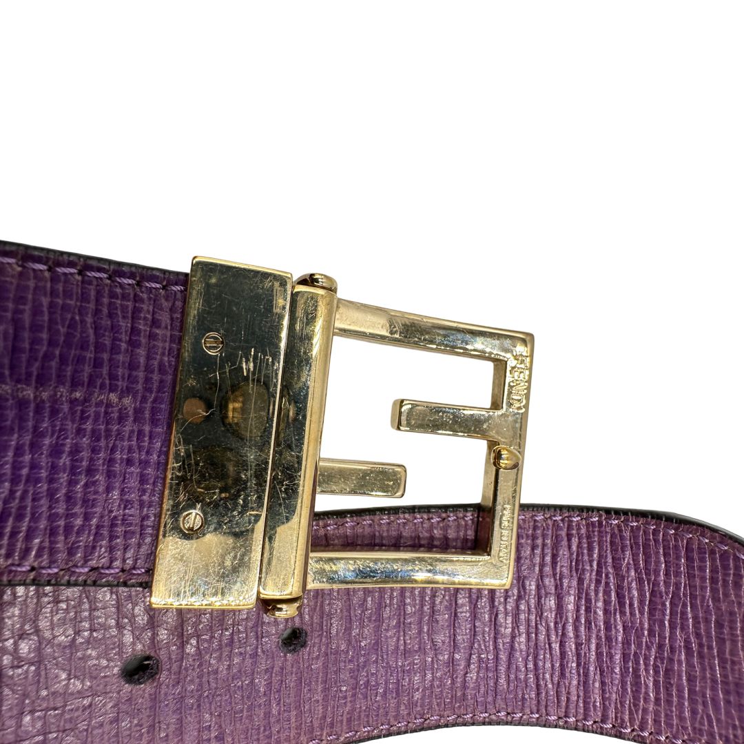 Cintura Fendi reversibile in canvas color tabacco con trama zucca e in pelle viola. Originale, usata, di lusso, in ottime condizioni.