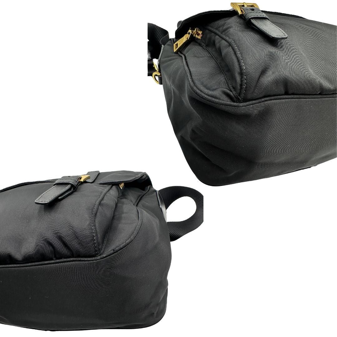 angoli Borsa Prada in nylon nero con finiture in pelle tono su tono e parti metalliche dorate; munita di una tracolla regolabile in tessuto. Completa di dustbag, di lusso, originale, ottime condizioni, usata. 
