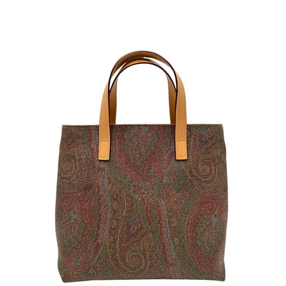 Retro di una borsa Etro in canvas trama paisley in varie tonalità calde e parti in pelle beige, dettagli metallici dorati, munita di doppi manici. Indossabile a mano. Completa di dustbag e charm decorativo amovibile.
