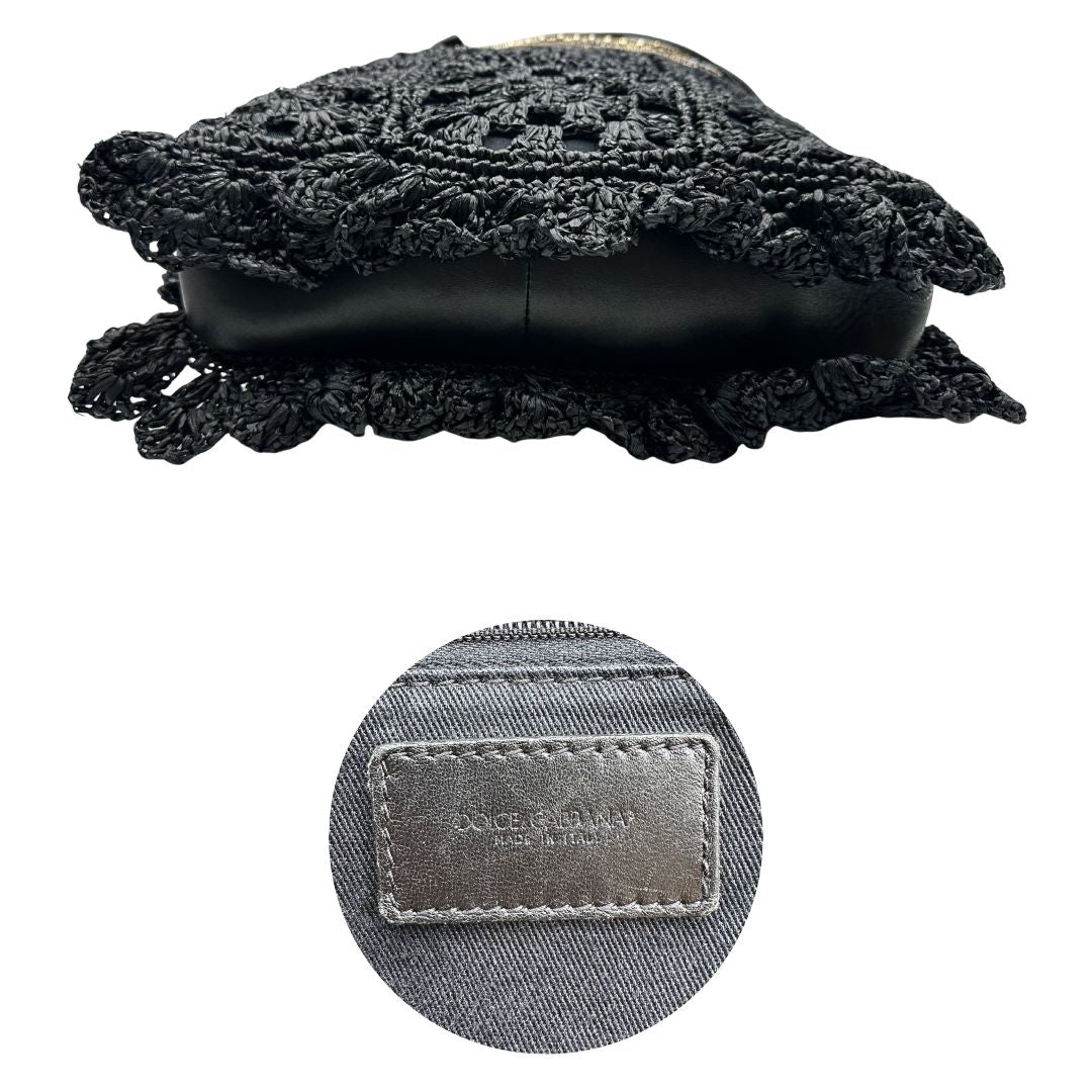 base  Borsa Dolce & Gabbana in rafia e pelle nera, dalla struttura morbida e capiente, di lusso, originale, ottime condizioni, usata. 