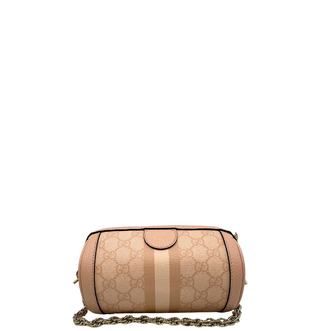 retro Borsa Gucci in canvas color cipria GG con parti metalliche dorate; munita di un manico singolo in catena e una tracolla amovibile e regolabile. Completa di dustbag, di lusso, originale, eccellenti condizioni. 