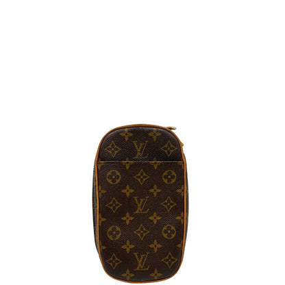 Front di una borsa Louis Vuitton in canvas marrone monogram con finiture in vacchetta naturale e tracolla in tessuto marrone regolabile. Dotata di dustbag.