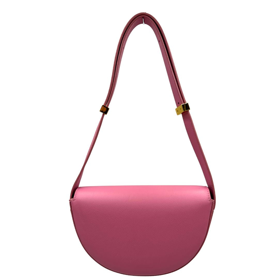 retro Borsa Patou in pelle rosa con parti metalliche dorate; munita di una tracolla regolabile. Completa di dustbag, di lusso, eccellenti condizioni, usata. 