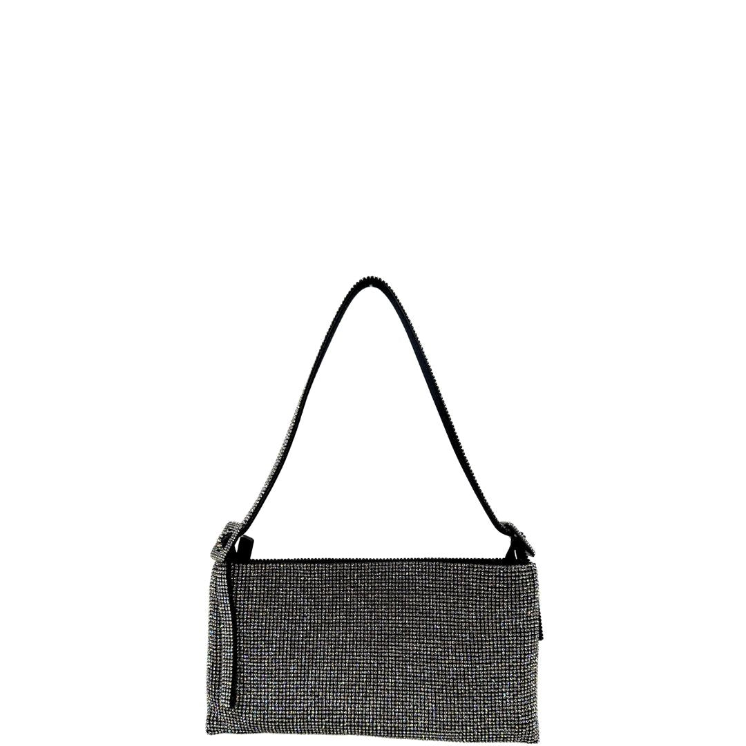 Front di una borsa Benedetta Bruzziches in tessuto ricoperto da strass multicolore; munita di un manico singolo con fibbie laterali, indossabile a spalla. Completa di dustbag e scatola.