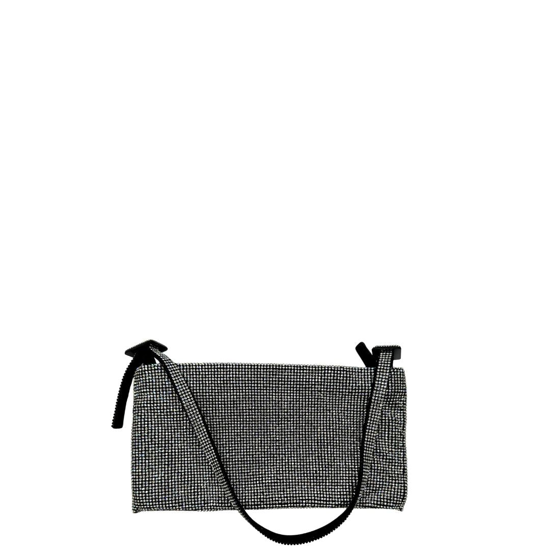 Retro di una borsa Benedetta Bruzziches in tessuto ricoperto da strass multicolore; munita di un manico singolo con fibbie laterali, indossabile a spalla. Completa di dustbag e scatola.