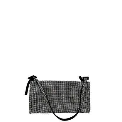 Retro di una borsa Benedetta Bruzziches in tessuto ricoperto da strass multicolore; munita di un manico singolo con fibbie laterali, indossabile a spalla. Completa di dustbag e scatola.