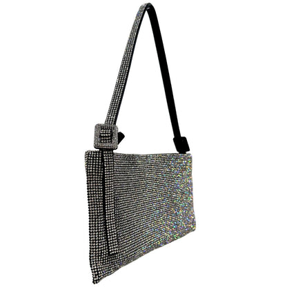 Laterale sinistro di una borsa Benedetta Bruzziches in tessuto ricoperto da strass multicolore; munita di un manico singolo con fibbie laterali, indossabile a spalla. Completa di dustbag e scatola.