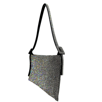 Laterale destro di una borsa Benedetta Bruzziches in tessuto ricoperto da strass multicolore; munita di un manico singolo con fibbie laterali, indossabile a spalla. Completa di dustbag e scatola.