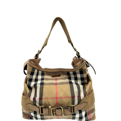 front  Borsa Burberry in tessuto tartan beige con parti metalliche dorate; munita di un manico singolo, indossabile a spalla, di lusso, originale, ottime condizioni, usata. 